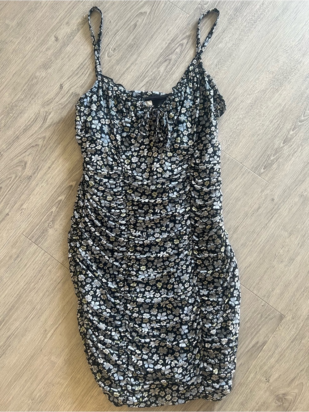 H&M Divided Floral Ruched Mini Dress Black Blue Ditsy Mesh Bodycon Tie Front M